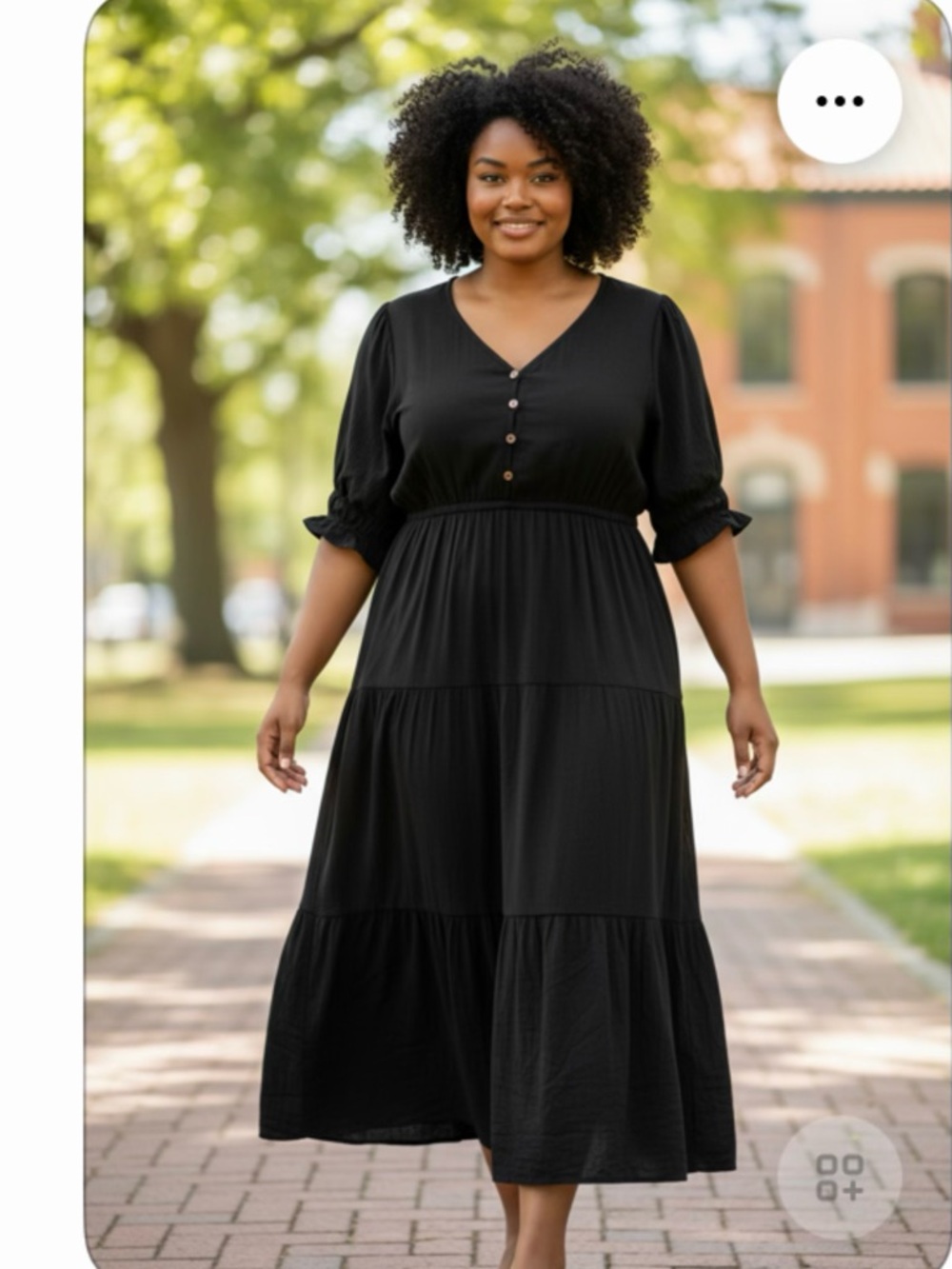 Plus Size Black Tiered V-Neck Midi Dress with Button Front